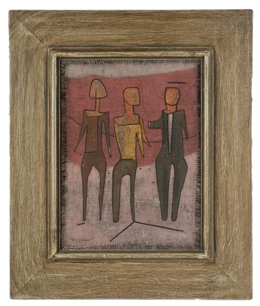 Abstract Painting by Tim Meier, Oil on Board : Abstract Painting by Tim Meier, Oil on Board Tim Meier (American, 20th century), titled The Well Wishers on verso, signed l.l.; 11.5 x 15.5 in. Van Zelst Estate
