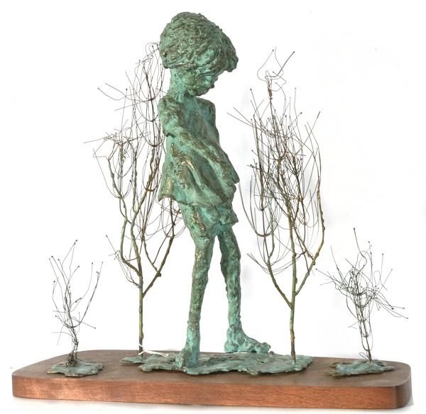 Modernist Sculpture by Malcolm Moran, Bronze on Wo: Modernist Sculpture by Malcolm Moran, Bronze on Wooden Base Malcolm Moran (American, 20th-21st century), titled Early Spring and signed on bottom of base; ht. 14.5 in. with brief biography of artist