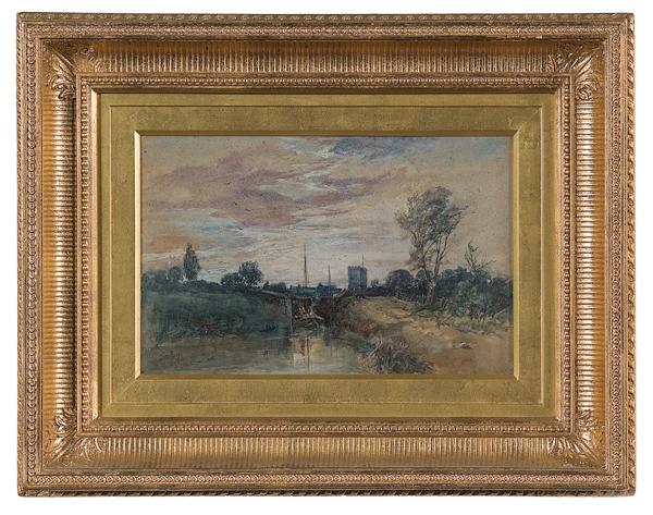 Landscape with Castle by Samuel Bough, Watercolor: Landscape with Castle by Samuel Bough, Watercolor on Board Samuel Bough (Scottish, 1822-1878), titled Lock Near Riverton on verso, signed and dated 1868 l.l.; 14.25 x 9 in. (sight) 23 x 17.75 in. (f