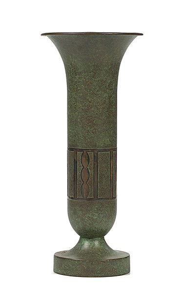 Silvercrest Arts & Crafts Bronze Vase : Silvercrest Arts & Crafts Bronze Vase A cylindrical bronze vase with flaring rim and applied silver banding, original green patina, marked Silvercrest; ht.14.5 in.