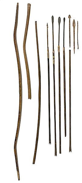 Eskimo Bows and Arrows : Eskimo Bows and Arrows Lot of 11. Includes three wooden bows from St. Lawrence Island; one remnants and two full, lengths 39 in., 31 in., and (remnant) 21 in.; PLUS five wooden arrows, four with Sib