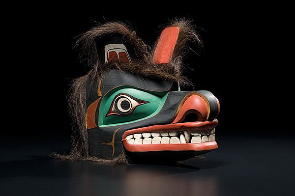 Tsungani Kwakutil Bear Mask : Tsungani Kwakutil Bear Mask With articulating jaw; bear fur frames ears and back of mask; signed on mask, height 13 in. x width 10 in.; 1981. Exhibited: 1995 - 1996 Mitchell Museum of the American I