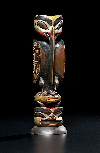Northwest Coast Figural Totem : Northwest Coast Figural Totem Painted in red, orange, black, yellow, and blue; with a man's head topped by a frog topped by a mosquito, height 16.25 in.; ca 1920.