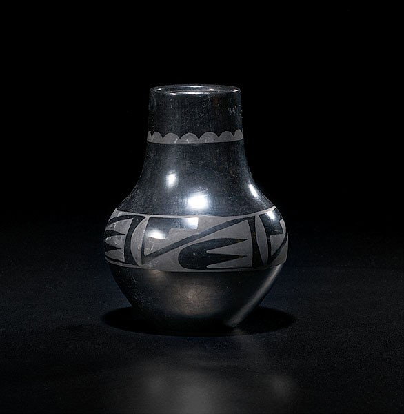 Maria and Santana Martinez Jar : Maria and Santana Martinez Jar Globular form; designed with wings and geometrics on body, signed on base, height 8 in. x diameter 6 in.; ca 1943-1954.