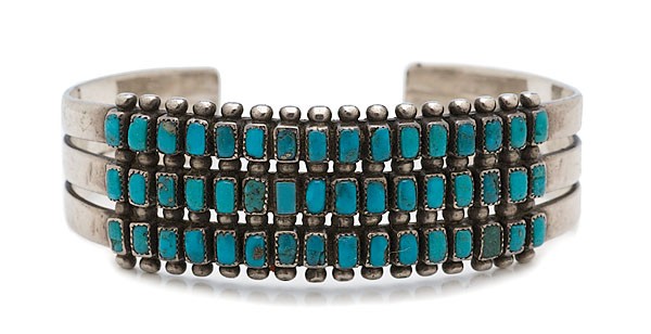 Zuni Row Bracelet : Zuni Row Bracelet With three rows of tiny rectangular stones separated by tiny balls of silver, inside length 5 in. x width .75 in.; ca second quarter 20th century.