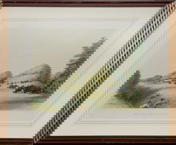 George Catlin (American, 1796-1872) : George Catlin (American, 1796-1872) Buffalo Hunt, Approaching in a Ravine; lithograph by Day & Hague, hand-colored; 13.25 in. x 18.25 in.