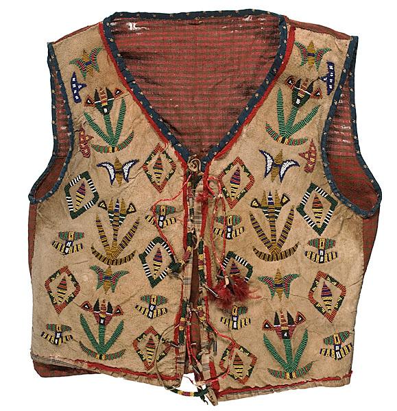 Eastern Sioux Beaded and Quilled Hide Vest : Eastern Sioux Beaded and Quilled Hide Vest Thread-sewn on hide with a busy pallet of pea green, translucent green, red white-heart, greasy yellow, cobalt, and white; designs on vest include floral, 