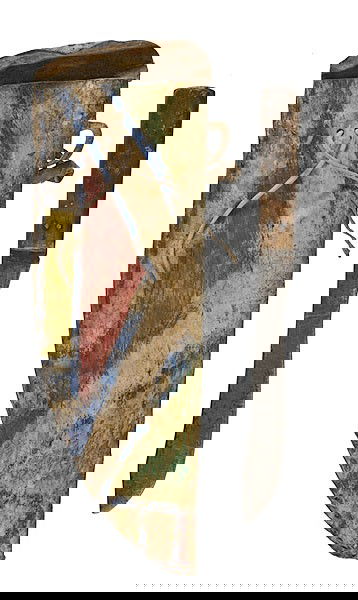 Sioux Painted Parfleche Knife Sheath with Knife : Sioux Painted Parfleche Knife Sheath with Knife Parfleche painted in blue, red, green and yellow; hide thong straps, length 15 in. x width 5 in.; with heavily worn steel blade inserted into wooden h