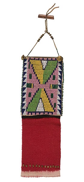 Arapaho Mirror Beaded Mirror Bag : Arapaho Mirror Beaded Mirror Bag With geometric designs of pink, yellow, navy blue and two shades of green, with red wool drop, length 16 in.; late 19th century.
