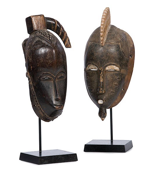 African Carved Wooden Masks : African Carved Wooden Masks Both possibly Pende from the Democratic Republic of Congo and both on display stands. Includes one with one antelope horn, height w/o stand, 12 in.; AND the other with up