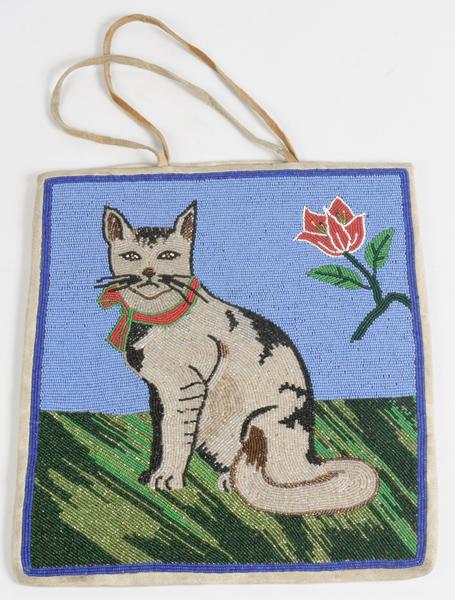 Plateau Beaded Bag with Cat : Plateau Beaded Bag with Cat Gazing at viewer and wearing a Christmas ribbon. Cat executed using colorful iridescent beads couched to follow curvilinear pattern of animal. Inside lined with calico, b