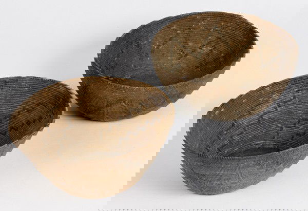 Central California Baskets : Central California Baskets Lot of 2. Both with a deep bowl shape and simple geometric motifs. One with four sets of stepped parallel bars, height 4.5" x diameter 10.25 in.; AND the other with steep