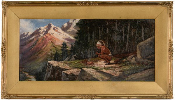 Henri Moreau (French, 1869-1943) : Henri Moreau (French, 1869-1943) Eagle Feather; oil on board; signed l.r.; 13.5 x 29.5 in.