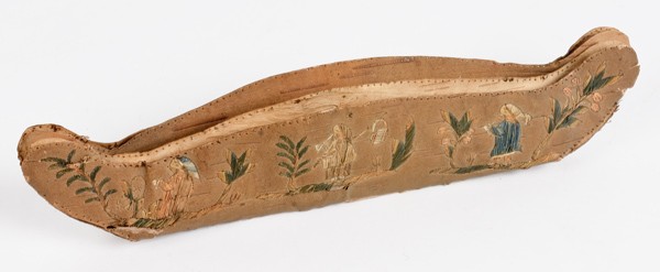 Huron Quilled Birchbark Canoe : Huron Quilled Birchbark Canoe Fully decorated with vignettes of farmers harvesting their gardens, length 12 in.; fourth quarter 19th century.