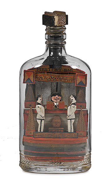 Carl Worner-Style "Missing Man" Bottle : Carl Worner-Style "Missing Man" Bottle American, early 20th century, a flattened bottle with interior constructed of painted wood pieces and stopper, depicting a bar scene with bartender and two men