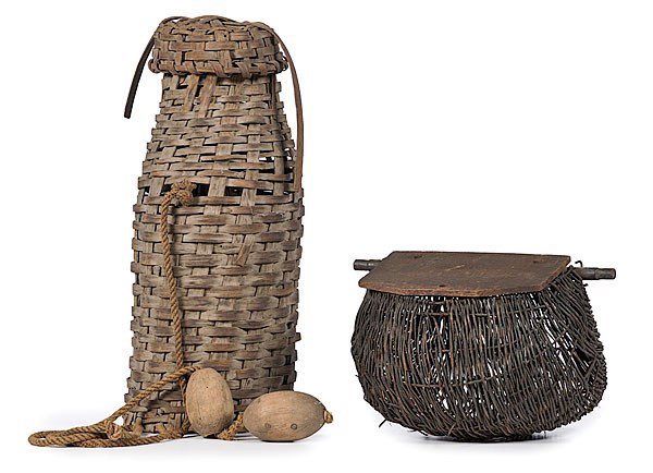 Fishing Creel and Eel Basket : Fishing Creel and Eel Basket American, early 20th century. Twig and bow with wooden lid fishing creel; ht. 10, wd. 14.5, dp. 8 in., and a splint, lidded eel basket with wooden floats; ht. 21.5 in. 