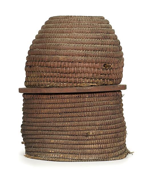 Bee Skep of Rye Straw : Bee Skep of Rye Straw American, ca 1900, a bee skep of rye straw, flat-top and dome-top form, old red paint; ht. 24 in. Property from the Collection of Lillian Hermel, NY