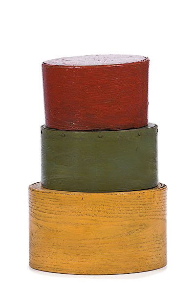 Stack of Graduated Painted Measures : Stack of Graduated Painted Measures American, ca 1900, a stack of three graduated grain measures, of oak or ash, painted in the 20th century in Shaker like colors of yellow, green and red; 9, 7.75,