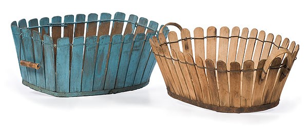 Shaker Attributed Stave Baskets : Shaker Attributed Stave Baskets Attributed to the Pleasant Hill (Kentucky) Shaker community, 19th century. Two open stave baskets, with bent wire construction, one having attached wire bail handles 