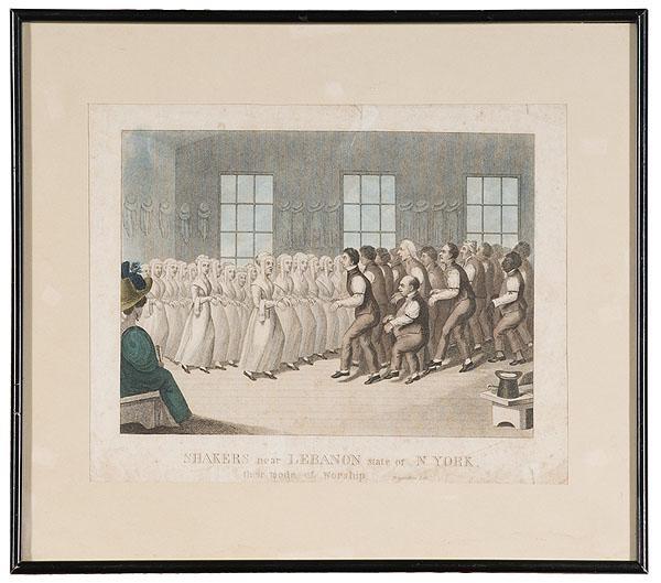 Shaker Print : Shaker Print A Shaker print, an early copy engraving, titled, Shakers near Lebanon, state of New York / their Mode of Worship depicting a woman watching a Shaker dance, watercolor with black and lig