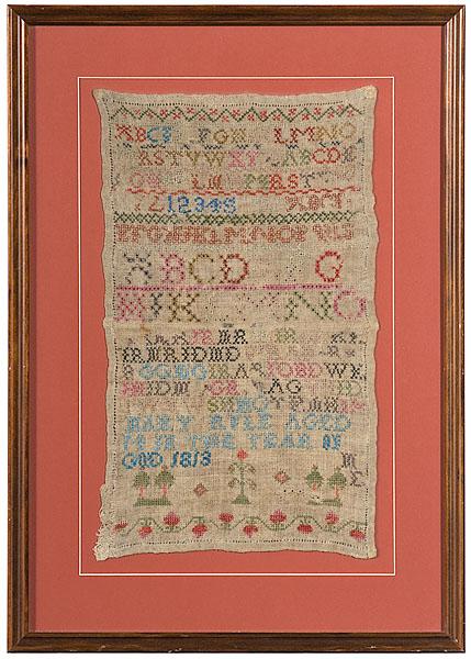 Sampler Dated 1813 : Sampler Dated 1813 American, signed Mary Rule, aged 14 in the year of God 1813, with three sets of alphabets, one set of numbers, with an illegible quote and decorative motif along bottom border; 16