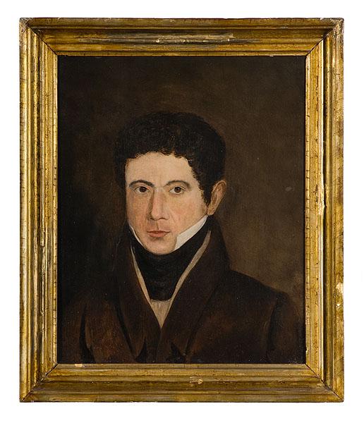 Erastus Salisbury Field Attributed Portrait : Erastus Salisbury Field Attributed Portrait Massachusetts, ca 1825-30, oil on canvas ticking, attributed to folk artist Erastus Salisbury Field. A folk art portrait of a gentleman, in a period gilt 