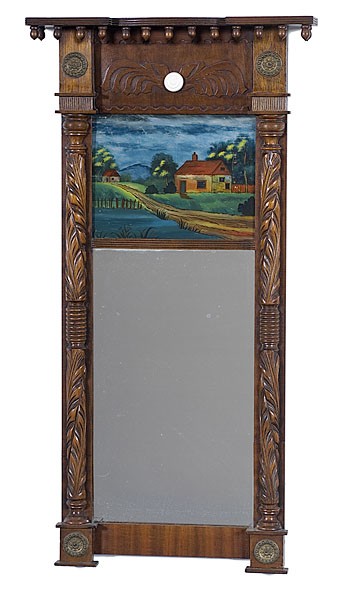 Late Classical Looking Glass : Late Classical Looking Glass Possibly Pennsylvania, ca 1820-1830, a late Classical mahogany looking glass, with block and bowed, reeded cornice with acorn pendants, deep exaggerated frieze with appl