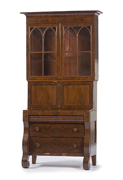 Late Classical Secretary Bookcase : Late Classical Secretary Bookcase Probably Boston, ca 1835-40, a two piece mahogany and mahogany veneered secretary bookcase with deep ogee cornice top over two doors with lancet arched mullions, ov