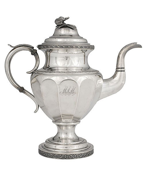Boston Coin Silver Coffee Pot : Boston Coin Silver Coffee Pot Ca 1830, a coin silver pot with applied flower finial and scrolled handle, paneled sides and stepped round base. Struck, "Boston/T. Harding/Pure Silver Coin/T.Harding";
