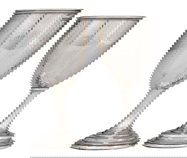 Coin Silver Goblets, Two : Coin Silver Goblets, Two Ca 1835-1850, one struck Duhme & Co. Cincinnati, Ohio, and engraved, "B.B.W.", with (later) "Eleanor Warfield from Hayes Bingham". One struck *P.L.K.* for Peter L. Krider, P