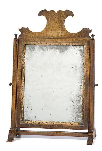 Table Top Cheval Mirror : Table Top Cheval Mirror American, late 18th century. Standing table-top cheval mirror, Queen Anne type, with scrolled top and scrolled molding around the glass; ht. 17.25, wd. 11 in.