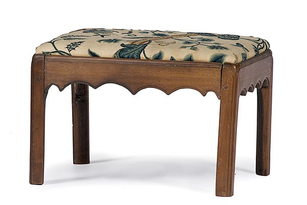 Virginia Chippendale Stool : Virginia Chippendale Stool 18th century, walnut stool with pegged construction, the sides with a scalloped edge and legs with canted inside edge. The seat is covered in early 18th century (probably 
