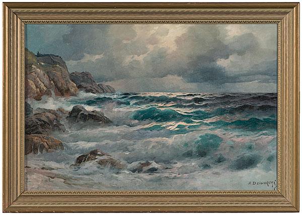 Seascape by Alexander A. Dzigurski, Oil on Board : Seascape by Alexander A. Dzigurski, Oil on Board Alexander A. Dzigurski (Yugoslavian/American, 1911-1995), signed l.r. Dzigurski's work was predominantly seascapes or landscapes and his work is clos