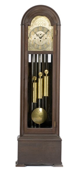 Herschede Tall Case Hall Clock : Herschede Tall Case Hall Clock American, Cincinnati, Ohio, ca 1925. A Herschede tall case hall clock, weight-driven, with five chimes in a rounded hood case of oak; ht. 80, wd. 21.5, dp. 13.5 in.