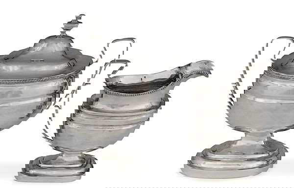 Coin Silver Sugar Bowl and Cream Pitcher : Coin Silver Sugar Bowl and Cream Pitcher Ca 1826-1830, a Philadelphia coin silver covered sugar bowl marked R. W. Wilson, for Robert and William Wilson Philadelphia w. 1826 -); ht. 8.5, wd. 8 in. an