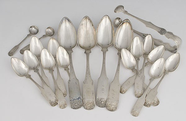 Coin Silver Service : Coin Silver Service American. Coin silver set of spoons and tongs in a fiddle pattern with a floral bouquet on terminals of handles, all marked, C. Davison & Co. in a serrated cartouche. Four 9 in. 