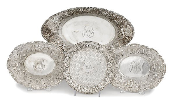 Jenkins and Jenkins Sterling Repoussé Tablewares : Jenkins and Jenkins Sterling Repoussé Tablewares Baltimore, early 20th century. Two repoussé oval bowls with center monogram, lg. 6.75 in; and a oval silver repoussé bread tray with center monogr
