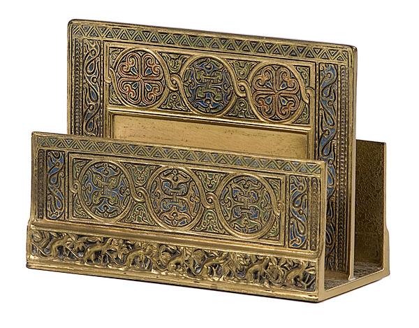 Tiffany Studios "Venetian" Letter Holder : Tiffany Studios "Venetian" Letter Holder American, 20th century, a bronze letter rack with polychrome enameling in the "Venetian" pattern, marked Tiffany Studios / New York / No. 1643; ht. 4.5, lg. 