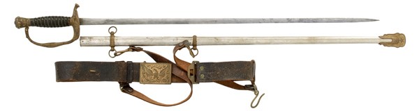 Field and Staff Officer's Sword : Field and Staff Officer's Sword 28" blade, brass pommel and knuckle bow. Leather handle with brass wire wrap. Metal scabbard with a leather belt, eagle buckle and saber hangers.