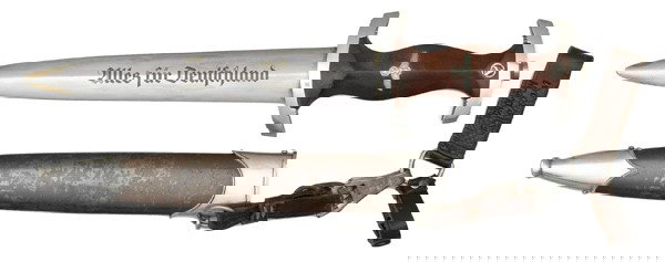 WWII Nazi German SA Dagger : WWII Nazi German SA Dagger Rare maker marked Eickelnberg & Mack, Solingen, 8.5" blade, early nickel silver fittings with WF gau mark on bottom crossguard.