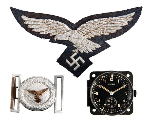 German WWII Luftwaffe Group : German WWII Luftwaffe Group Large Luftwaffe bullion eagle, Luftwaffe officer's brocade belt buckle with keeper, and airplane instrument panel clock.