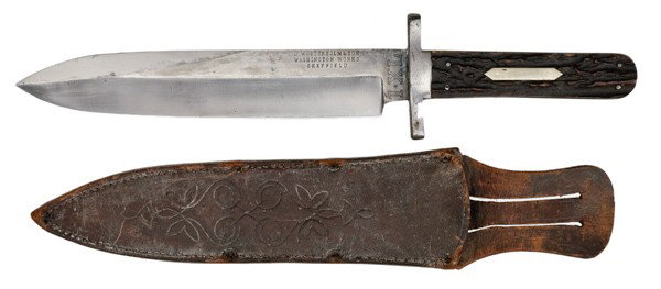 IXL Sheffield Bowie Knife by C. Wostenholm & Son W: IXL Sheffield Bowie Knife by C. Wostenholm & Son Washington Works 8" spear point blade, marked in three lines on blade G. Wostenholm & Son Washington Works, marked on the ricasso in large font IXL. 