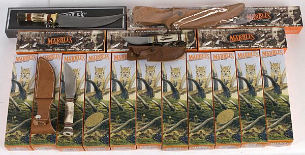 Marbles Fixed Blade Knives, Lot of 17 : Marbles Fixed Blade Knives, Lot of 17 Models include Fieldcraft, Expert, Sport, Cowboy, etc. Most have stag handles; one has a Damascus blade.