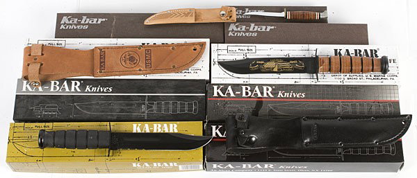KA-BAR Fixed Blade Knives, Lot of 9 : KA-BAR Fixed Blade Knives, Lot of 9 Includes 6 KA-BAR fighting knives (Army, Marine Corps, etc.) and 3 hunting knives.