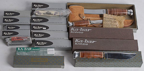 KA-BAR Collector Knives, Lot of 17 : KA-BAR Collector Knives, Lot of 17 Includes 5 fixed blade hunting knives (1 with hatchet) and 12 pocket knives. Some are scrimshawed, some engraved, and handles include bone, ivory, stag, wood, leat
