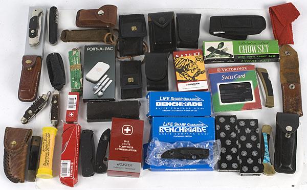Lot of Twenty Eight Pocket Knives : Lot of Twenty Eight Pocket Knives Makers include Benchmade, Wenger (Victorinox Swiss Army), Blackie Collins, Boker, Seki, Wood, Buck, etc.