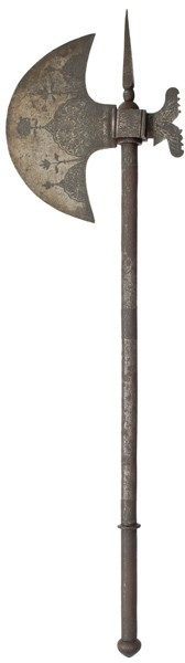 Indo-Persian 19th Century Battle Axe : Indo-Persian 19th Century Battle Axe 9" head, 30.25" overall length including an iron haft and 5" spike. Blade still retains some of the original silver gilt.