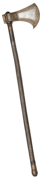 Middle Eastern Fighting Axe : Middle Eastern Fighting Axe 26" length, 15" length dagger unscrews at base of haft. Gold damascene on axe head. Etched designs on haft.