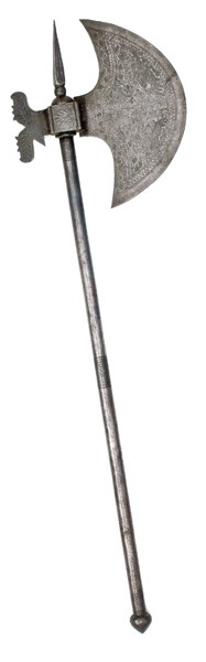Middle-Eastern All-Metal Axe : Middle-Eastern All-Metal Axe 29" length with spear point. Blade is etched with designs and figures.