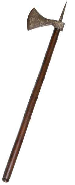Indian 18th Century Battle Axe : Indian 18th Century Battle Axe 5" silver-gilt head; 25.5" overall length with 3" spike at the top of the head. Five brass head rivets holding the tang. Tang is 13" long.